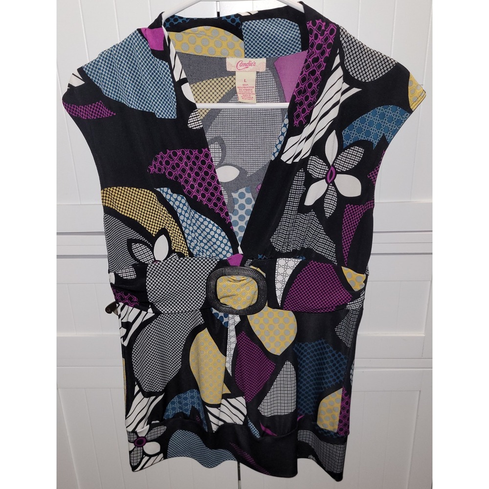 Candies Womens Large‎ Abstract Floral V-Neck Empire Waist Buckle Top Y2K Vintage